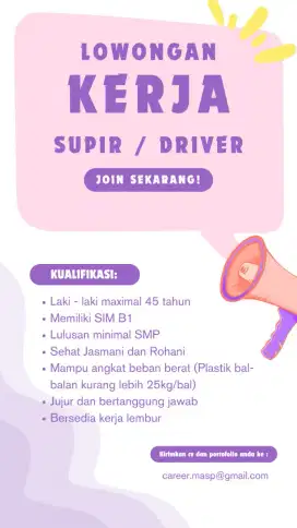 Loker Supir/Driver SIM B1 Kota Tangerang