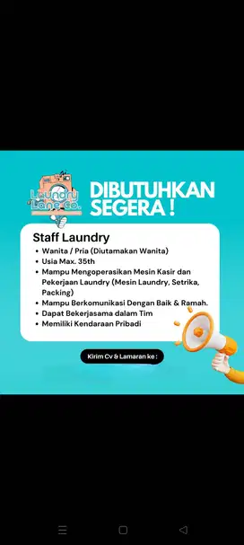 Dicari Staff/Operator Laundry