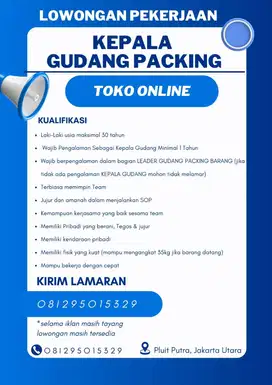 Lowongan Kepala Gudang & Packing Barang Cangkir (WAJIB PENGALAMAN)