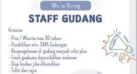 Lowongan Kerja dibutuhkan Staff Gudang Helper Gudang