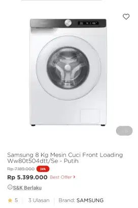 SAMSUNG WASH MACH FL WW80T504DTT/SE 8 KG