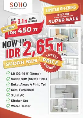 Dijual Ruang Kantor Murah di Soho Pancoran Luas 102 Sqm