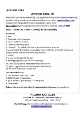 LOWONGAN KERJA : ENGINEER ( TEKNIK ELEKTRO / INSTRUMENTASI )