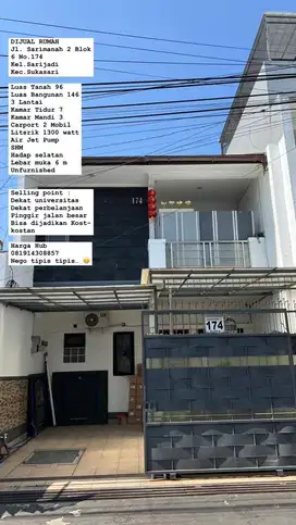 DIJUAL RUMAH JALAN SARIMANAH 2 BLOK 6 No 174