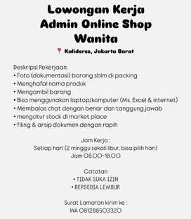 Lowongan kerja admin online shop wanita jakarta barat