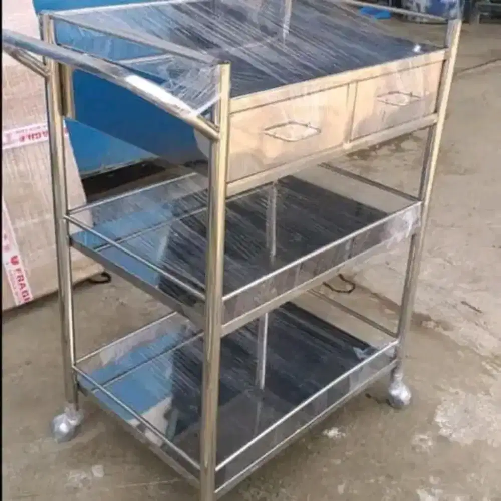 TROLLEY INSTRUMEN 3 RAK 2 LACI STAINLESS