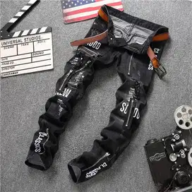 Sosoo Celana Jeans Gothic Gotik Hitam Ritsleting untuk Pria
