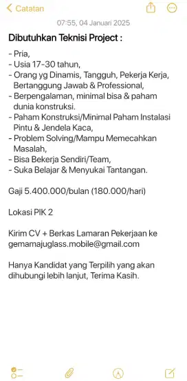 Dibutuhkan Cepat Teknisi Project