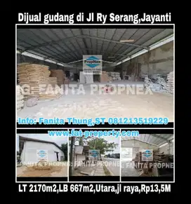 Dijual gudang di Jl Raya Serang,Jayanti,Banten LT 2170m2 LB 667m2,