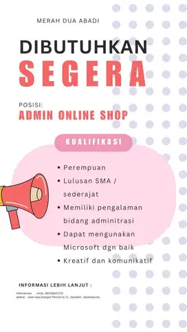 Di butuhkan cepat admin online shop