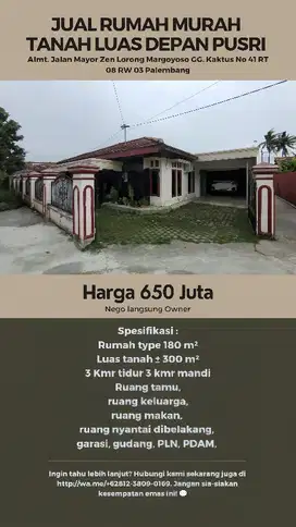 Jual rumah murah tanah Luas depan Pusri