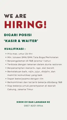 LOKER KASIR DAN WAITER RESTORAN