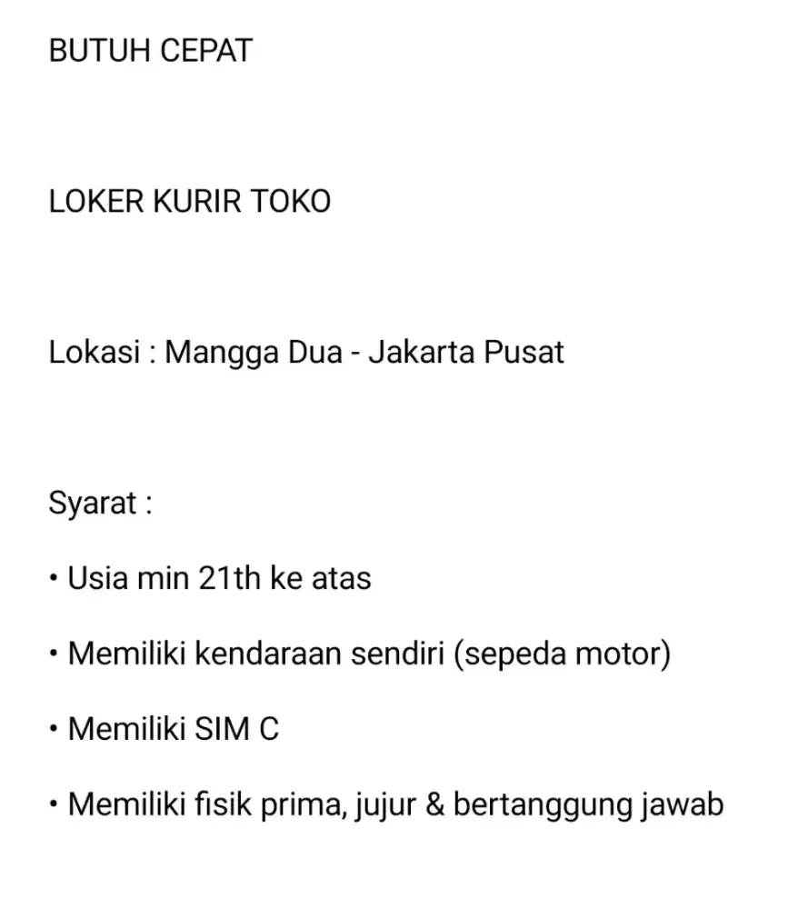 BUTUH CEPAT KURIR TOKO (BUKAN EXPEDISI)