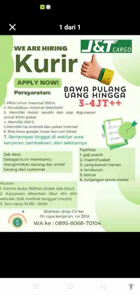 Lowongan sebagai kurir motor JNT cargo wilayah surabaya timur