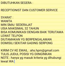 RECEPTIONIST DAN CUSTOMER SERVICE