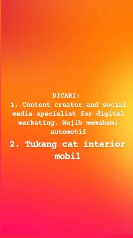 Dicari content creator dan tukang cat untuk di bengkel