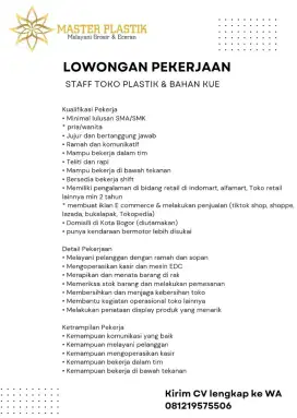 Dibutuhkan STAFF TOKO plastik & Bahan Kue