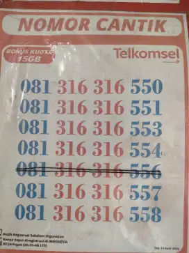 Nomor cantik Telkomsel murah bonus 15Gb