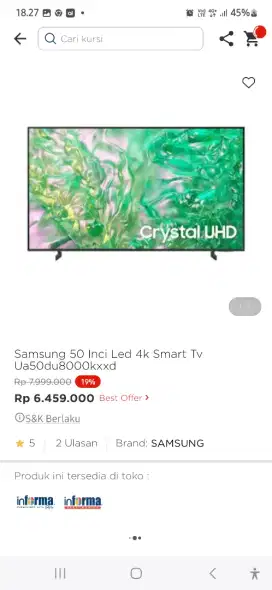 Samsung Led tv smart 50 inci 50du8000