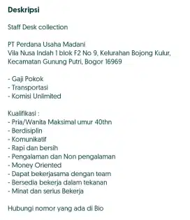 Lowongan kerja Deskcolektion/Penagihan Dari Kantor.