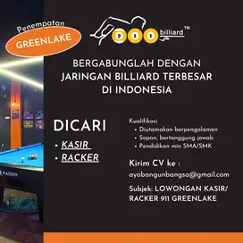 Lowongan KASIR dan RACKER billiard cabang Greenlake city Tangerang