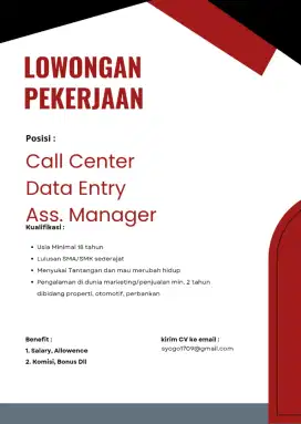 Lowongan kerja untuk posisi Call Center,Data Entry dan posisi Manager