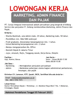 LOKER MARKETING, ADMIN FINANCE & PAJAK