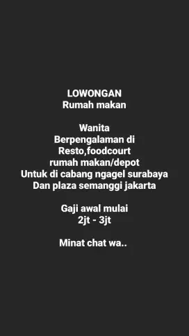 Lowongan rumah makan wanita berepengalaman