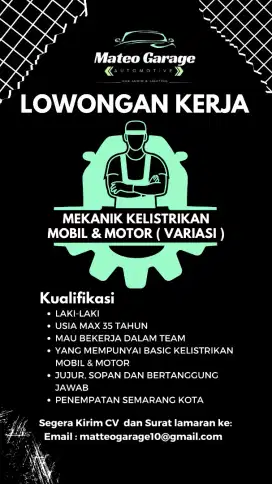 Dicari MEKANIK KELISTRIKAN MOBIL & MOTOR ( VARIASI )