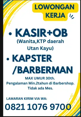 Dicari Kasir, Kapster untuk Barbershop di Utan Kayu Jakarta timur.