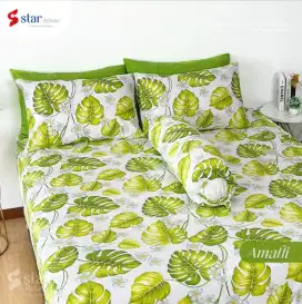 Sprei katun dingin motif monstera hijau