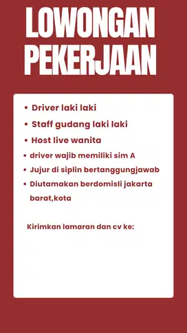 Lowongan kerja Driver,Host live,staf gudang