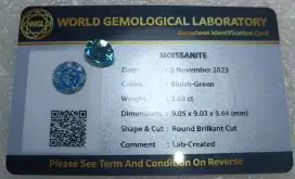 Bluish Green Moissanite 2.68 Ct Memo WGL