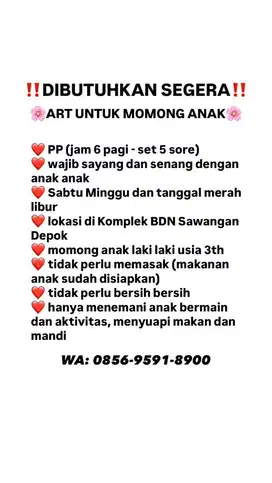 LOWONGAN ART MOMONG ANAK SAWANGAN DEPOK