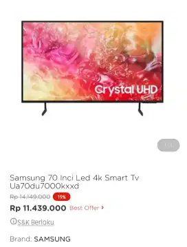 Samsung led tv smart 70 Inci