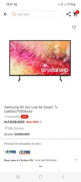 SAMSUNG 65INCH CRYSTAL UHD TV 65DU7000