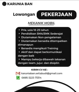 LOWONGAN PEKERJAAN - MEKANIK MOBIL