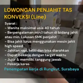 Dibutuhkan Penjahit Wanita Tas Line / Konveksi