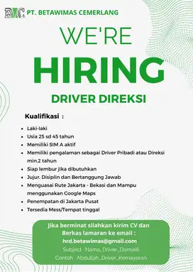 DICARI SEGERA | DRIVER DIREKSI