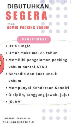 URGENT!!! ADMIN PACKING VAKUM BANTAL. KHUSUS LAKI-LAKI