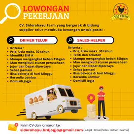 Lowongan Driver, Sales/Helper Telur