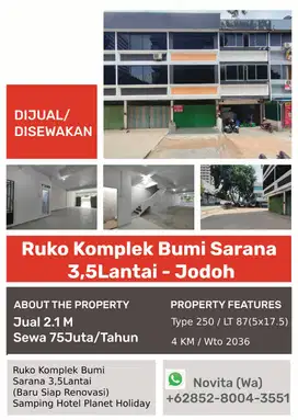 Ruko Komplek Bumi Sarana 3,5Lantai (Baru Siap Renovasi) Samping Hotel