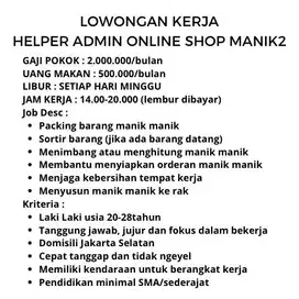 LOWONGAN KERJA BANTU ADMIN ONLINE SHOP