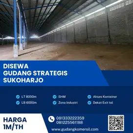 Disewakan Gudang Zona Industri Luas 8000m2 Lokasi Grogol,Sukoharjo Bu!