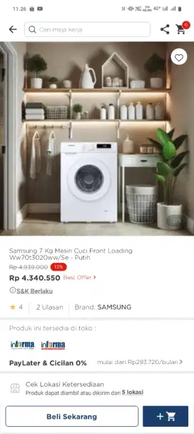 Cicilan 0% Samsung 7 Kg Mesin Cuci Front Loading

Ww70t3020ww/