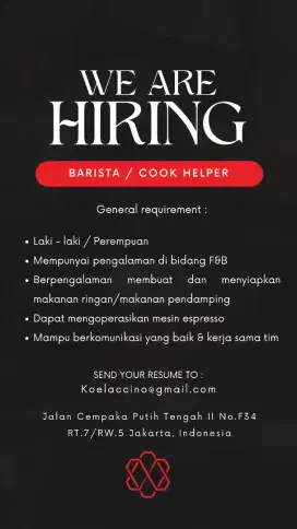 DICARI BARISTA/COOK HELPER