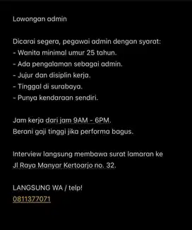 Lowongan Kerja Admin Surabaya Jalan Manyar Kertoarjo no 32