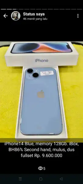 iPhone14 Blue, ROM 128Gb. iBox, BH 86%