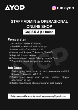 Staff & Admin Online Shop (Datang ke Kantor di Cakung)