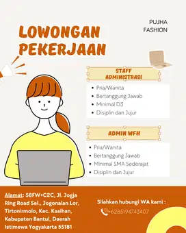 LOWONG KERJA STAFF ADMINISTRASI DAN ADMIN ONLINE SHOP